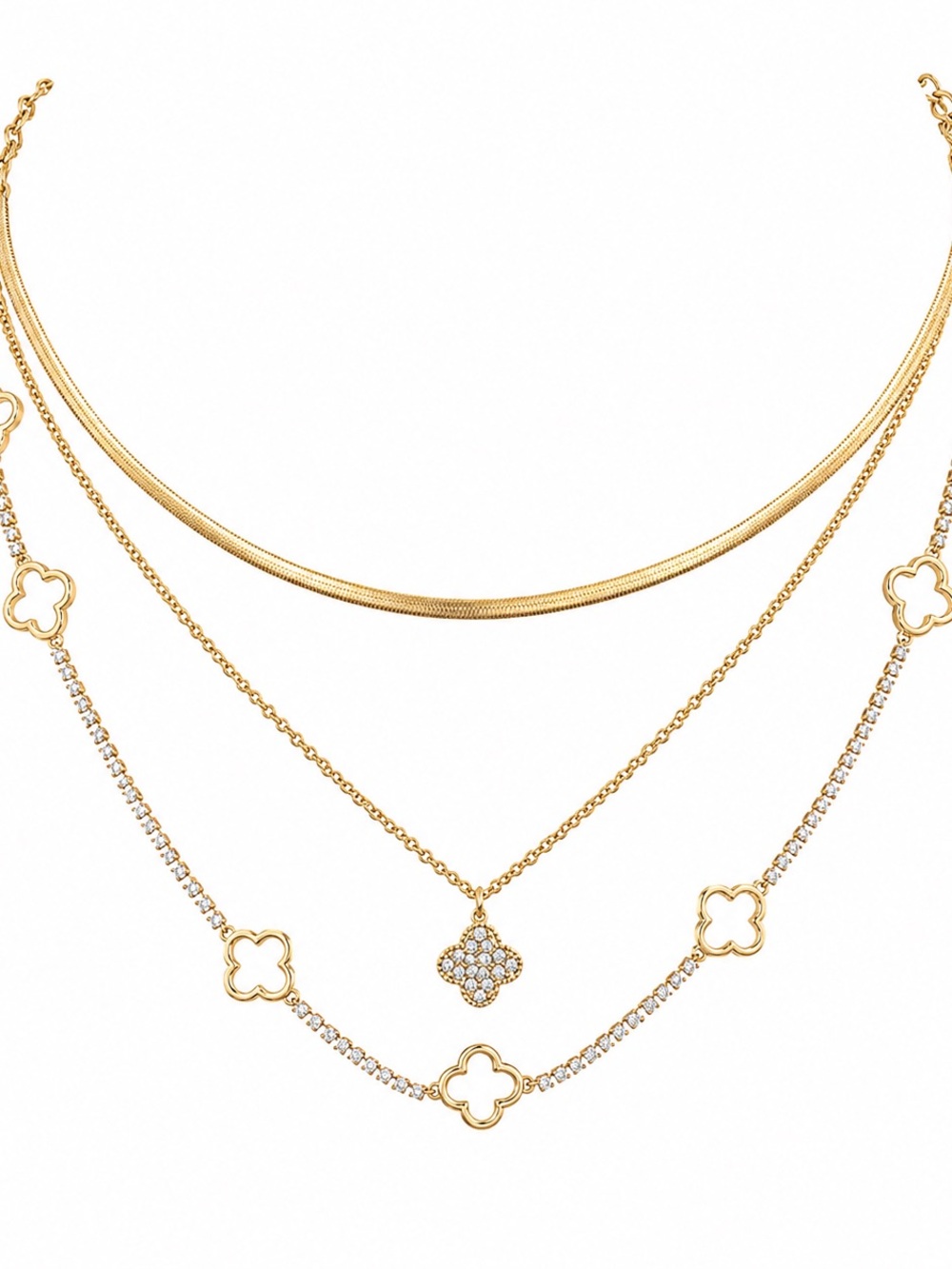 Zara Gold Layered Clover Pendant Necklace Set with Pavé Accents